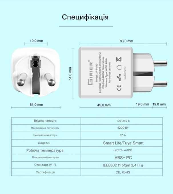 Розумна розетка Wi-Fi GIRIER 20A 4200Вт з дистанційним керуванням
