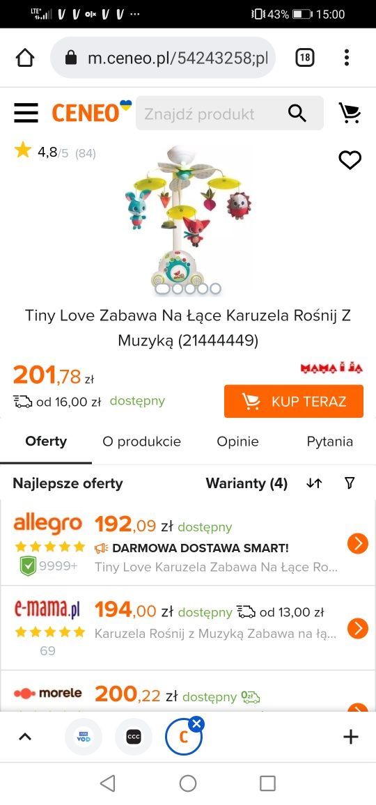 Karuzela Tiny Love zabawa na łące stan bdb