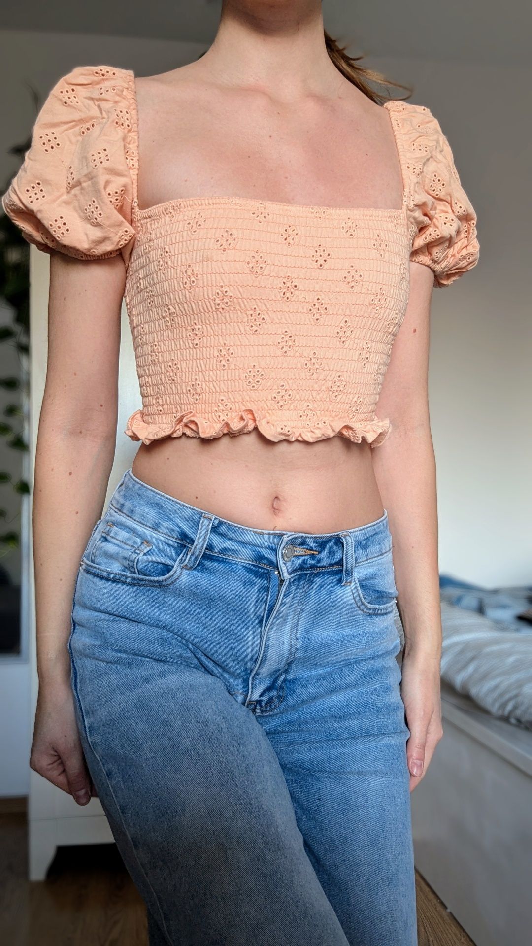 Bluzka crop top różowa brzoskwiniowa morelowa bufiaste rekawy XS baweł