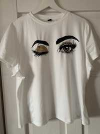 Modny t-shirt damski biały fajny nadruk oczy rozmiar 46 nowy