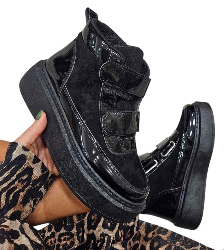Buty damskie botki na platformie na rzepy r. 39 czarne lakierowane