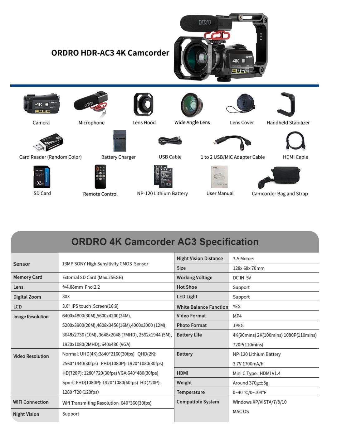 Câmara de filmar Ordro AC3 4K