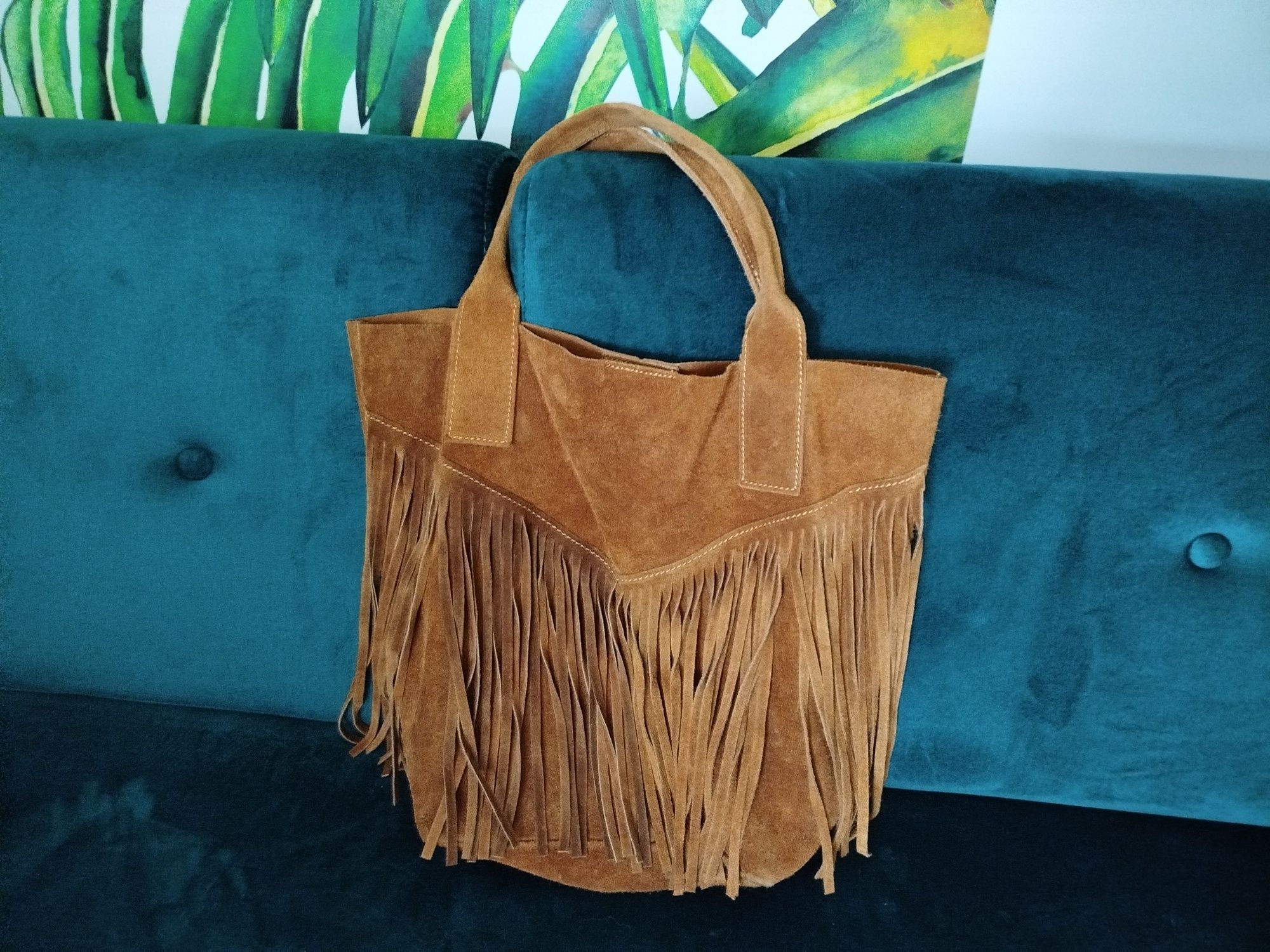 Włoski Shopper Boho Vittoria Gotti Torebka z frędzlami camel