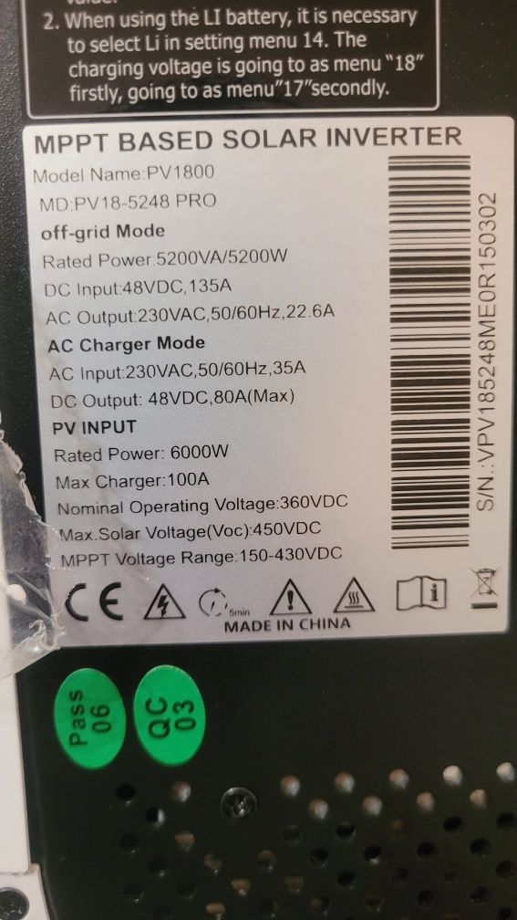 Гібридний інвертор MUST pv 18 5248pro 5.2 кВт 5.2 kWt