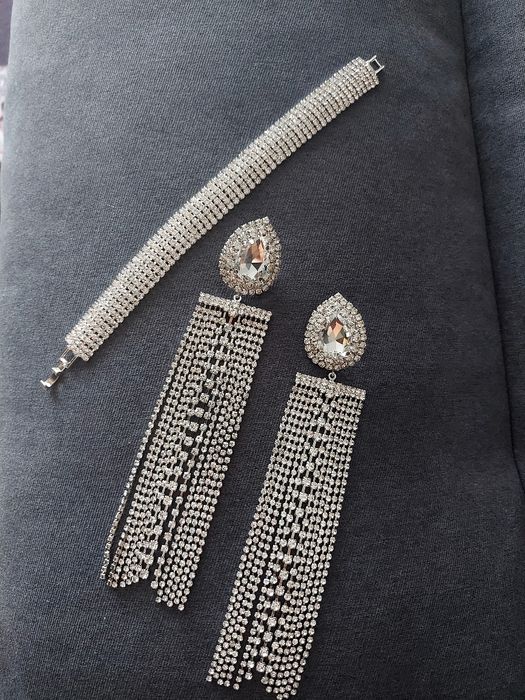 Kolczyki długie bogato zdobione glamour plus branzoletka srebrne cyrko