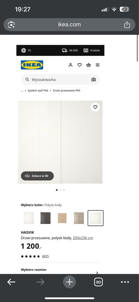Drzwi przesuwne PAX IKEA HASVIK biały połysk 200x236 cichy domyk