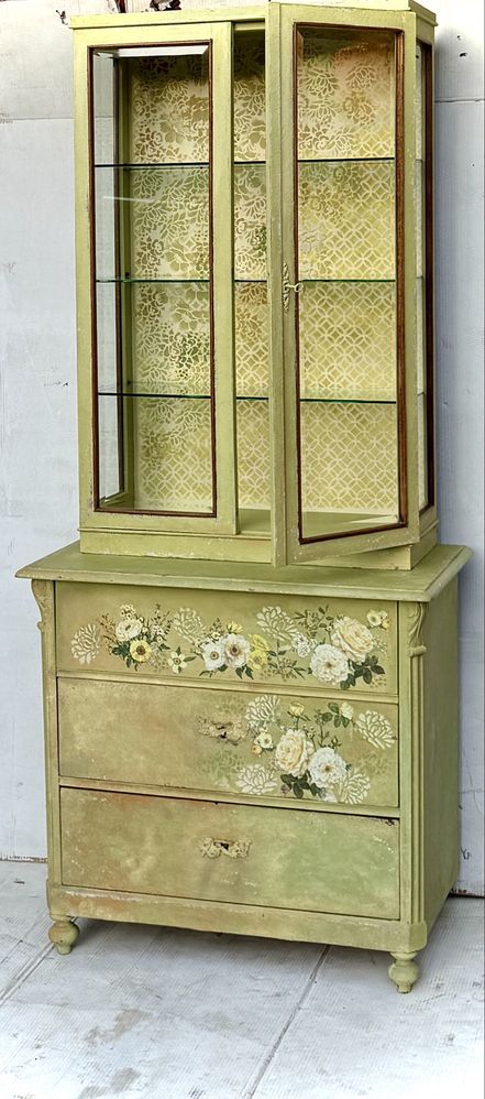 Witrynka komda z nadstawka vintage zielen shabby chic
