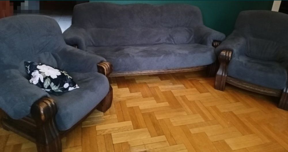 Kanapa i dwa fotele dębowe szary monolith