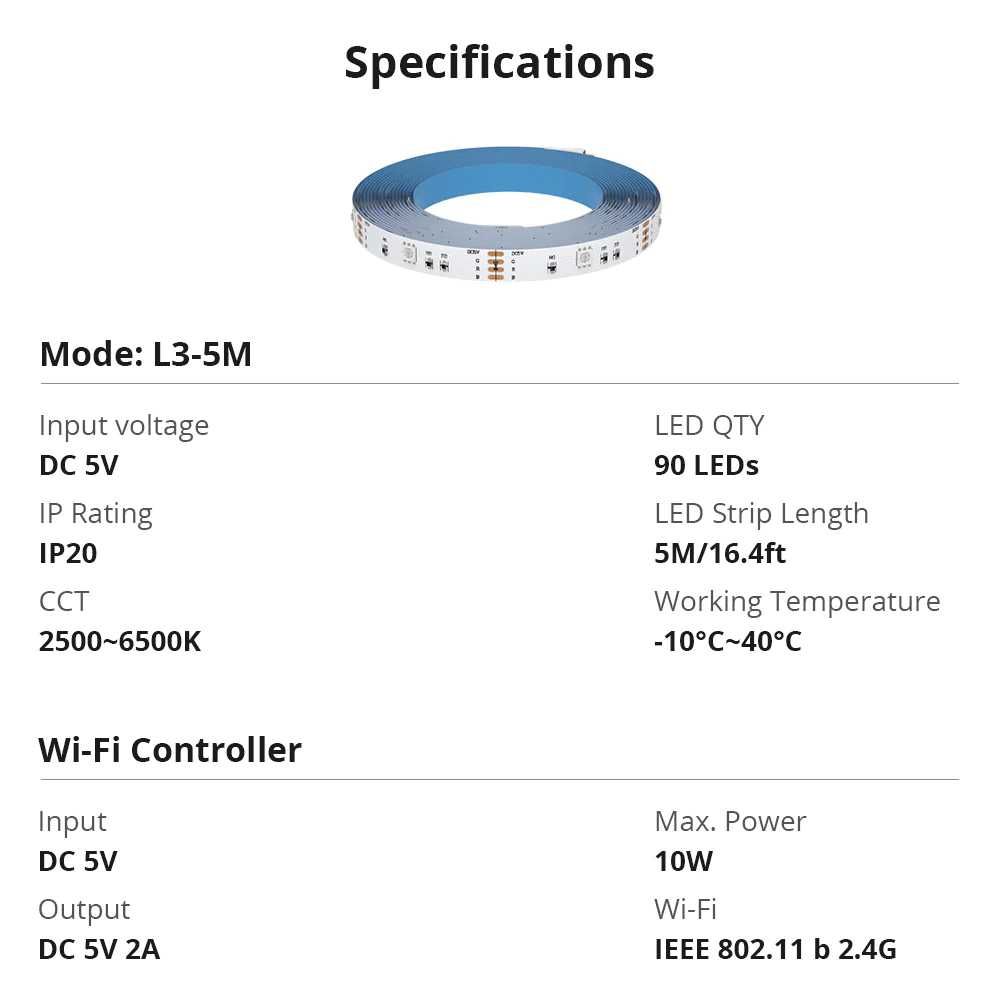 Fita de 90 LEDs RGB inteligente Wi-Fi e Bluetooth 5m - Sonoff L3-5M