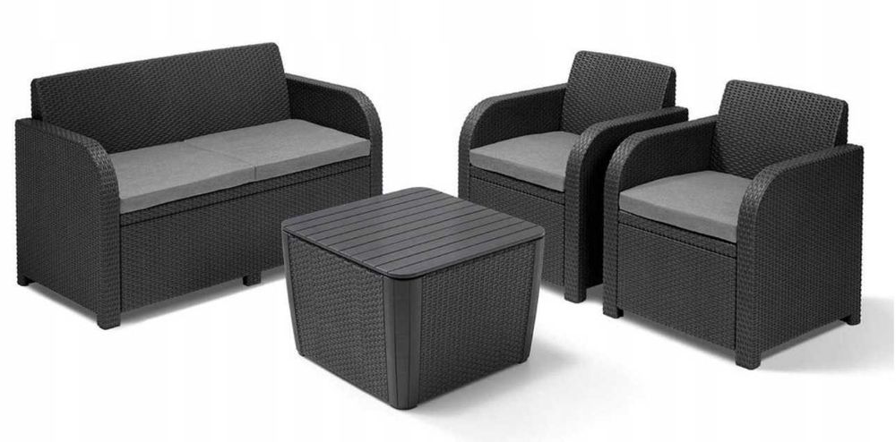 Komplet mebli ogrodowych 2 fotele + sofa + stolik ze schowkiem
