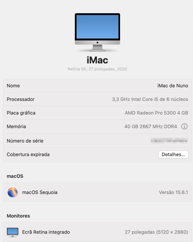 Imac 27 2020. 3,3 ghz  40 Gb ram. 512 gb