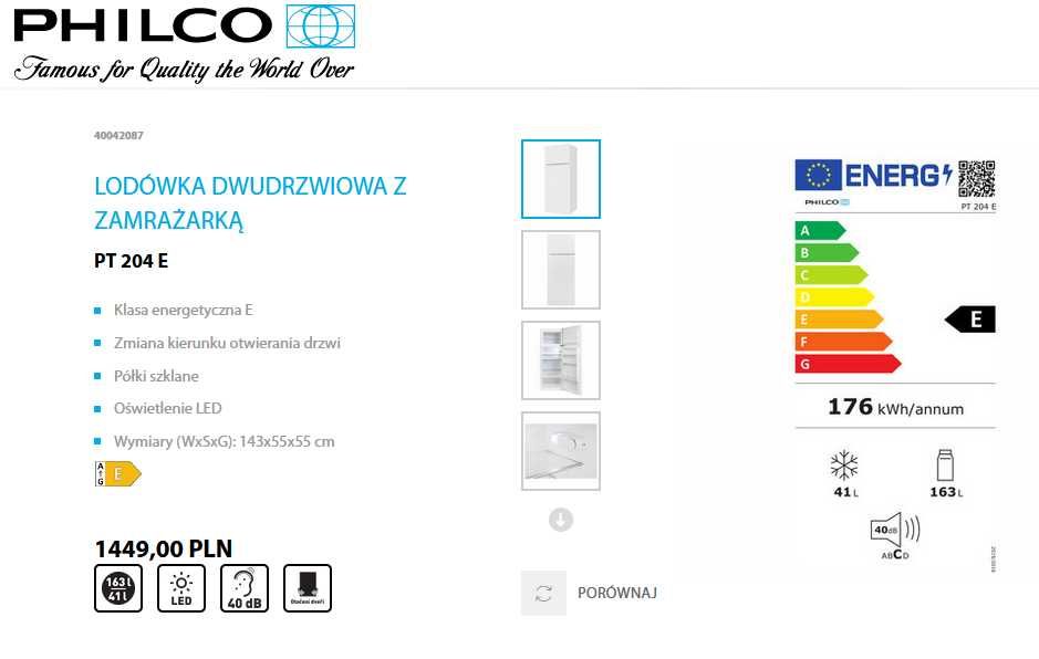 NOWA lodówka Philco PT204E, 5 lat gwarancji!