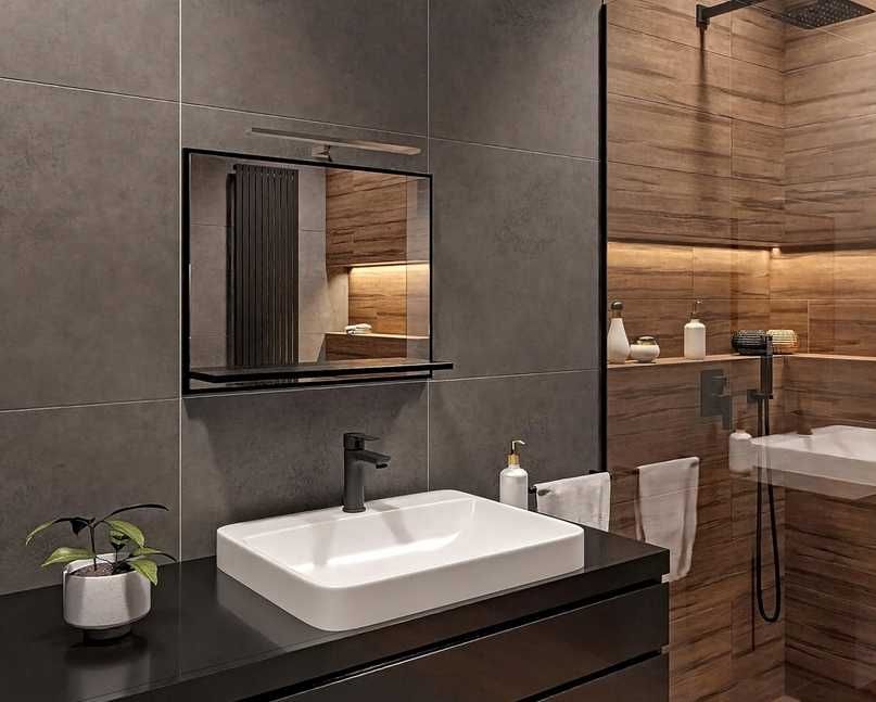 Lustro LED czarne mat 60x50 z półką kinkiet 4000K łazienkowe
