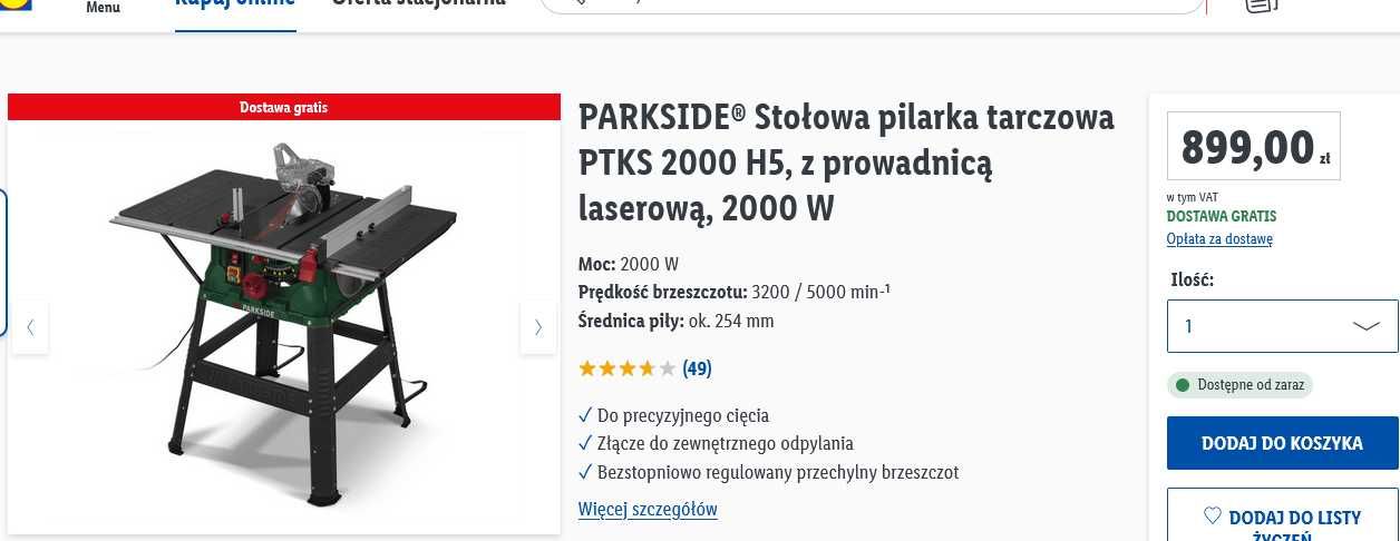 PARKSIDE Stołowa pilarka tarczowa PTKS 2000 H5 laser 2000 W