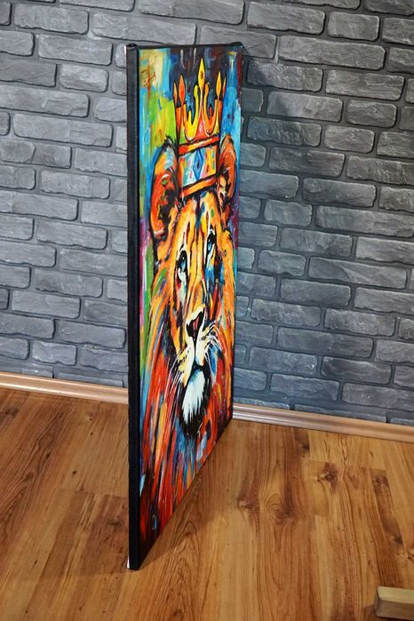 Duży kolorowy obraz olejny lew w koronie ręcznie malowany abstrakcja