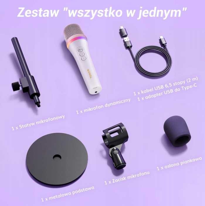 Mikrofon Dynamiczny USB Typ C RGB do Gier Podcas YouTube Karaoke Biały