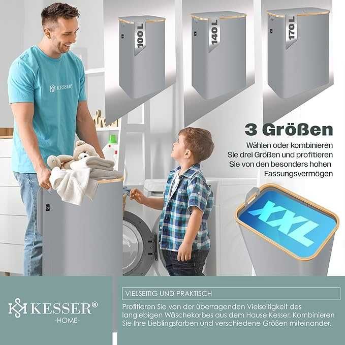 Kosz na pranie z pokrywą, składany kosz, skrzynia  140 L, kremowy