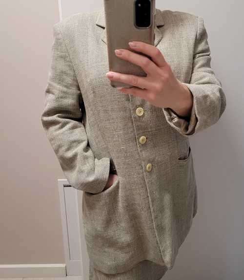 Khaki, lniany komplet / garnitur, marynarka / żakiet i spódnica, L 40