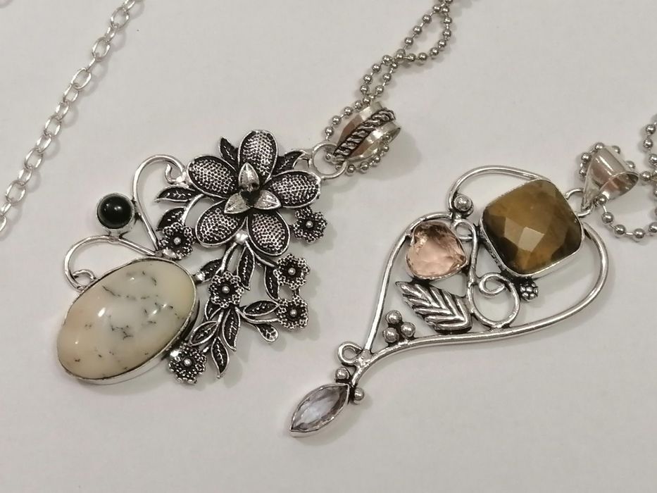Срібне кольє цитрин, тигрове око, агат, яшма