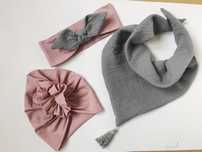 Komplet czapka turban, opaska i chusta z muślinu