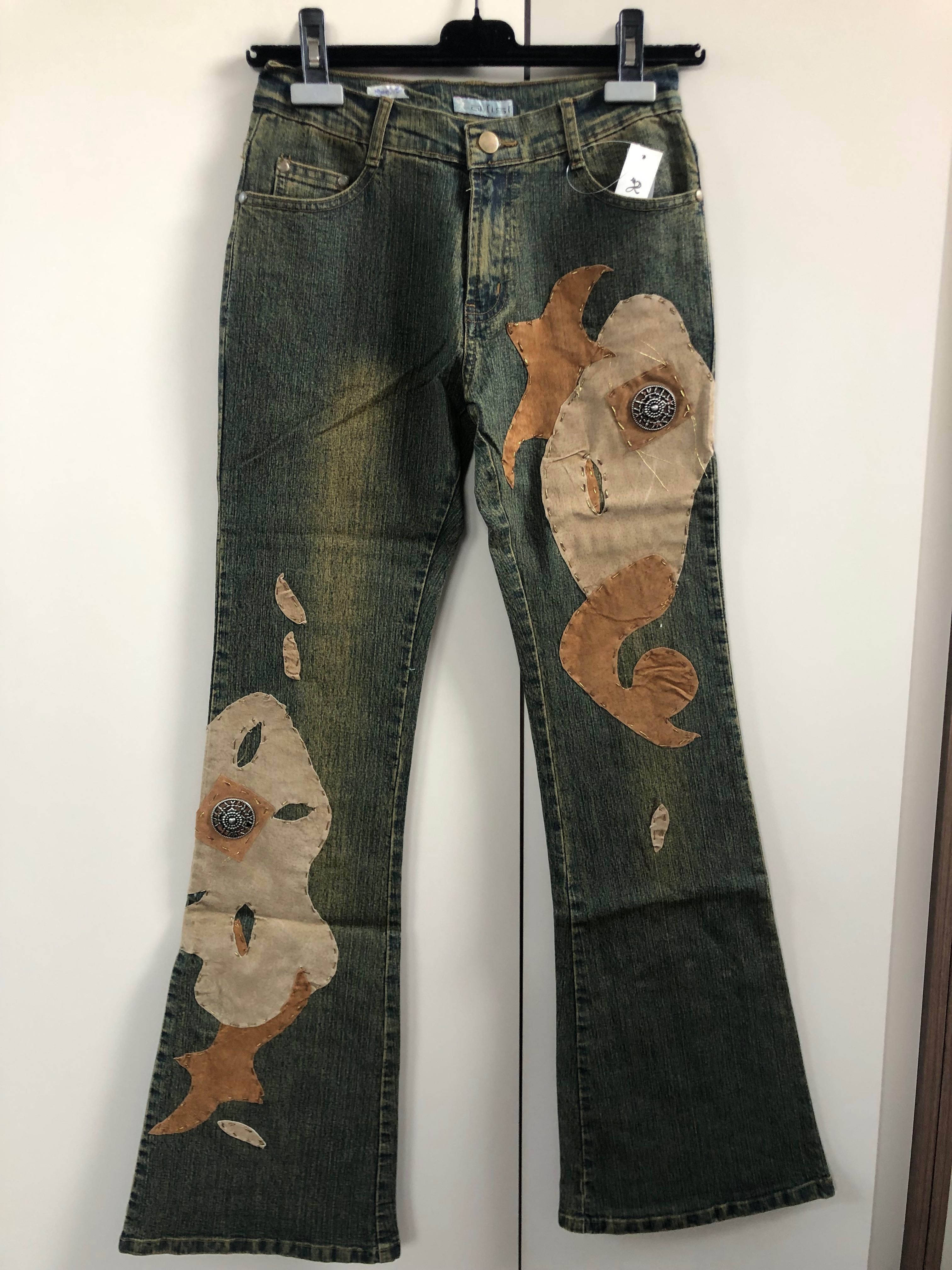 Spodnie dzwony jeansy denim y2k 2000s boho vibe ekoskóra L 33