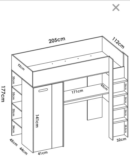 Cama alta com vestuário e secretária embutidos
