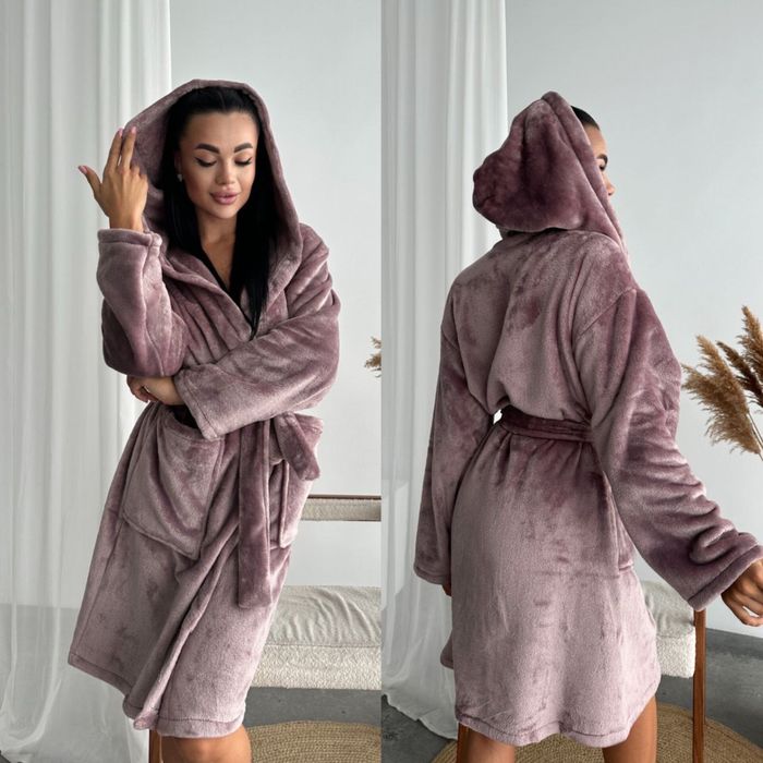 Женский махровый халат Теплый зимний с капюшоном/поясом 42-52 фреза