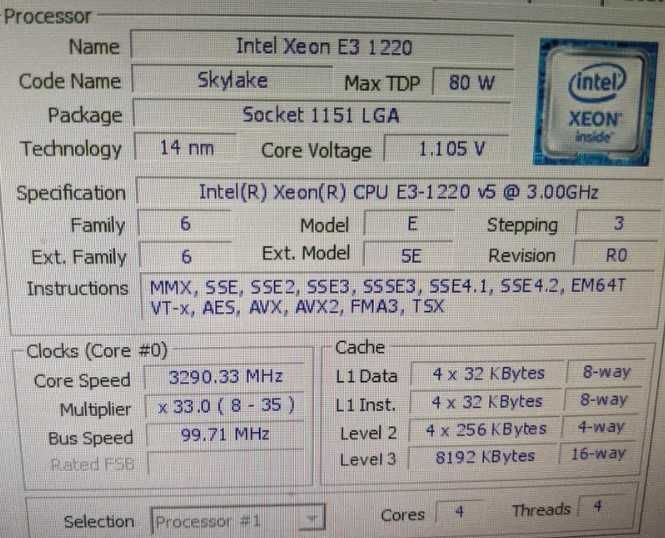 Процессор Intel Xeon E3 1220 v5 3.0 GHz, s1151, tray