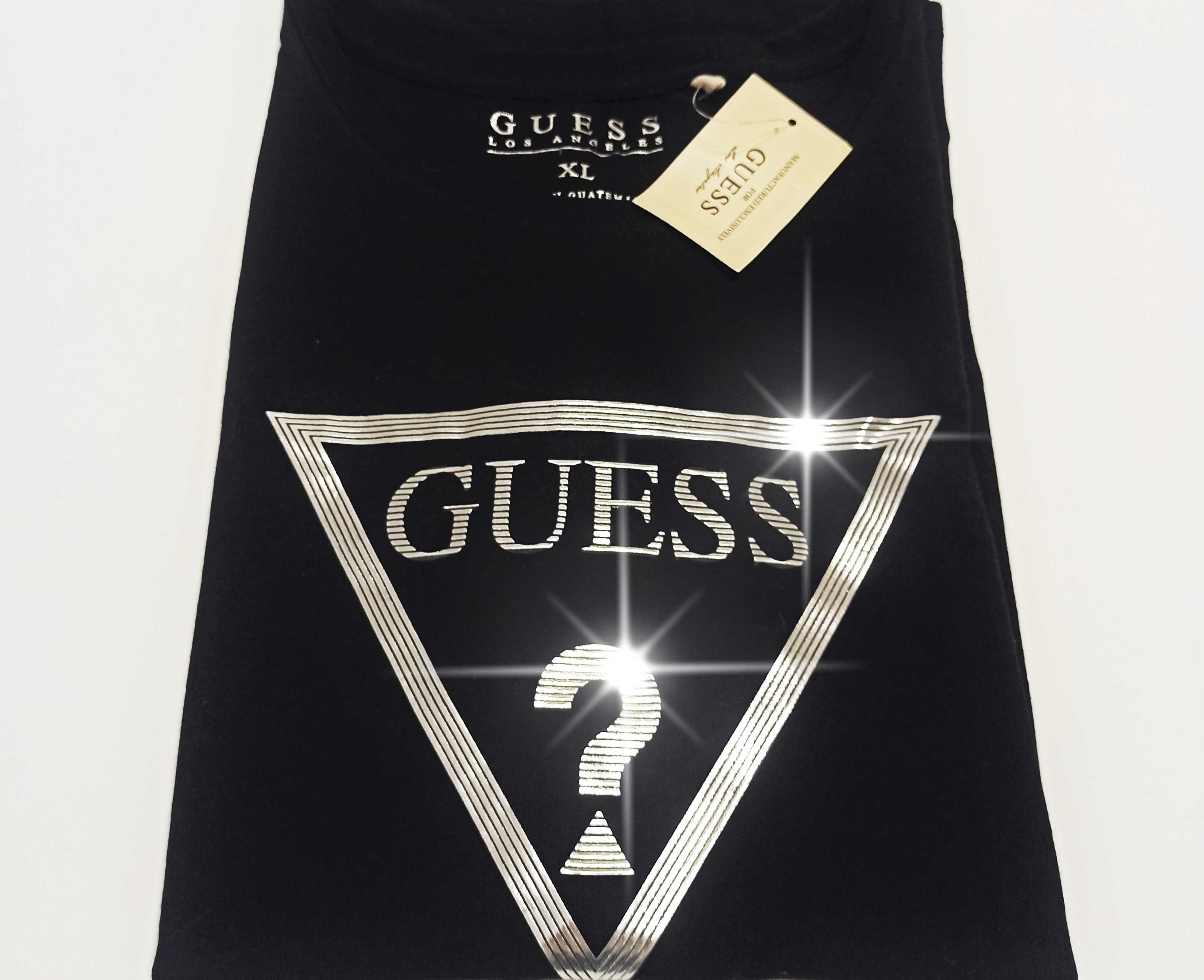 GUESS Oryginalny Damski T-Shirt Koszulka Bluzka Czarna Srebrny Trojkat