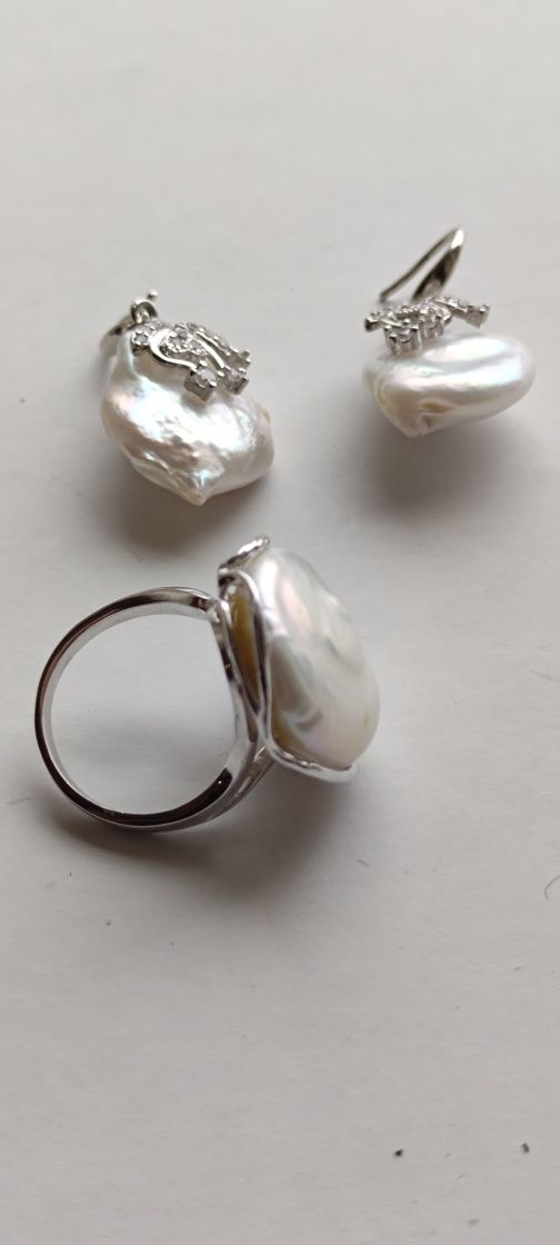Perły naturalne kolia-zestaw naszyjnik kolczyki pierścionek
