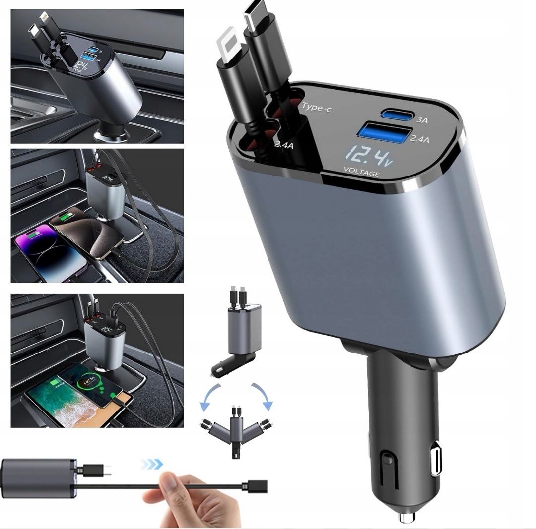 Ładowarka Samochodowa USB C 30W apple LIGHTNING Zwijak 12V 24V