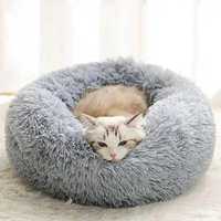 Пушистая лежанка для животных лежак-домик для кошек и собак серый 40см