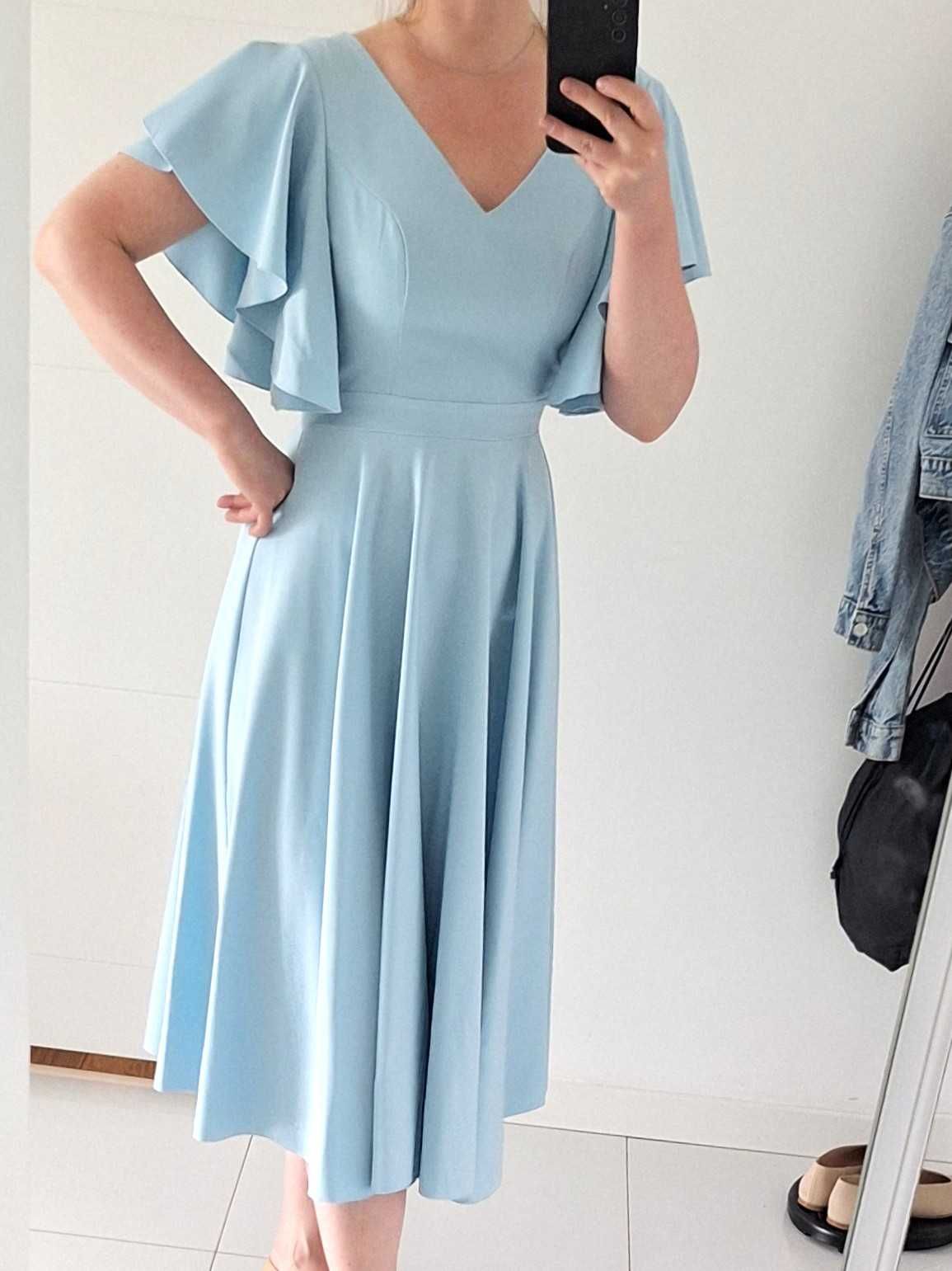 Błękitna elegancka rozkloszowana sukienka r.36