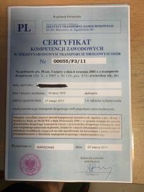 Certyfikat  Kompetencji     -    Przewóz  OSÓB   -  F-VAT - 50pln !!!