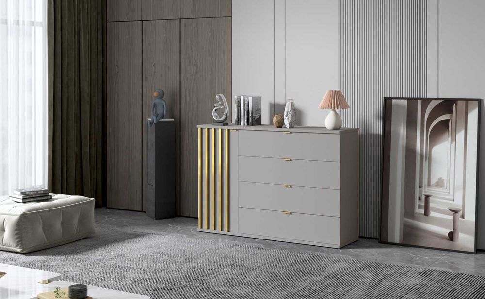 DUŻA komoda do salonu CZARNE złote uchwyty lamele 120 cm z szufladami