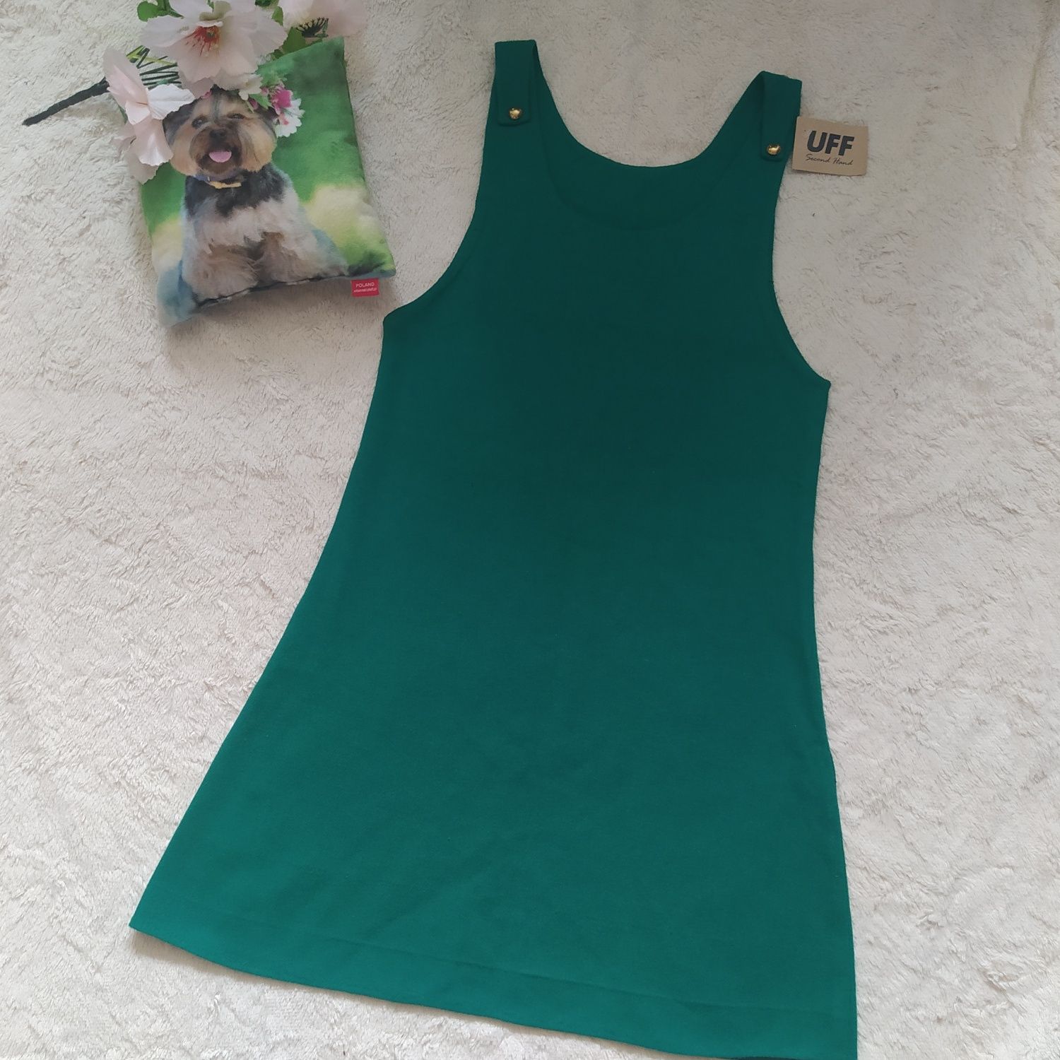 True vintage sukienka M 38 zielona złote guziki handmade nowa wełna ok