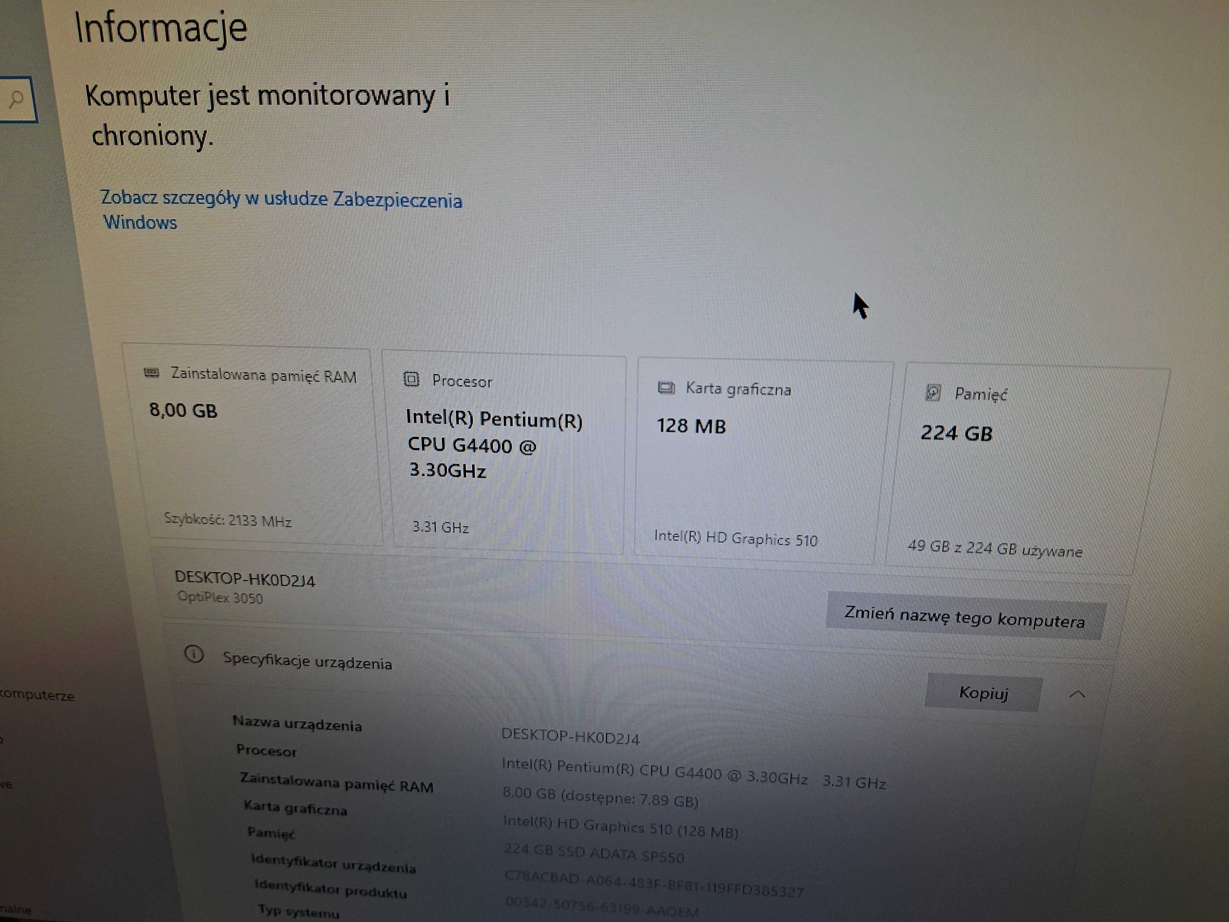Komputer Dell Optiplex 3050 Intel / 8GB DDR4 / 240GB SSD / Windows 10