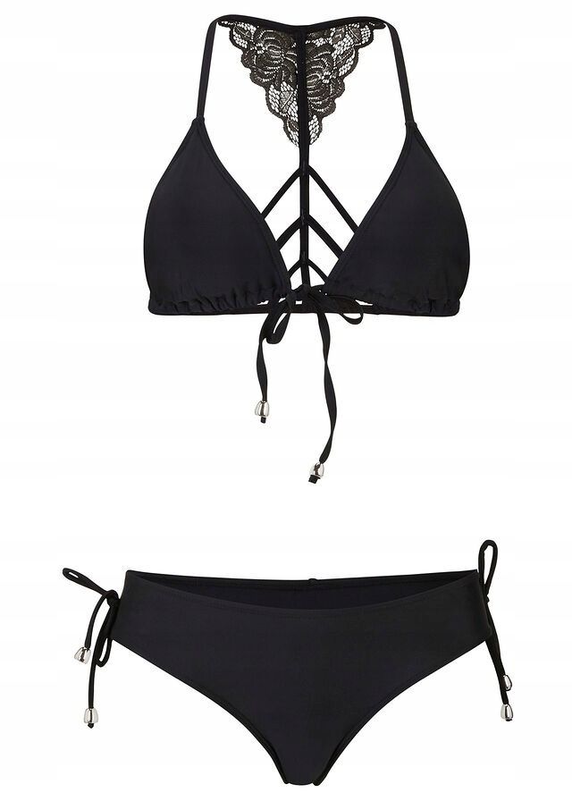 B.P.C czarne bikini wiązane z koronką trójkątne miseczki 42(80A).