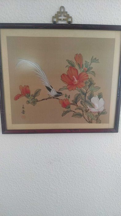 Quadro pássaros em pano de seda