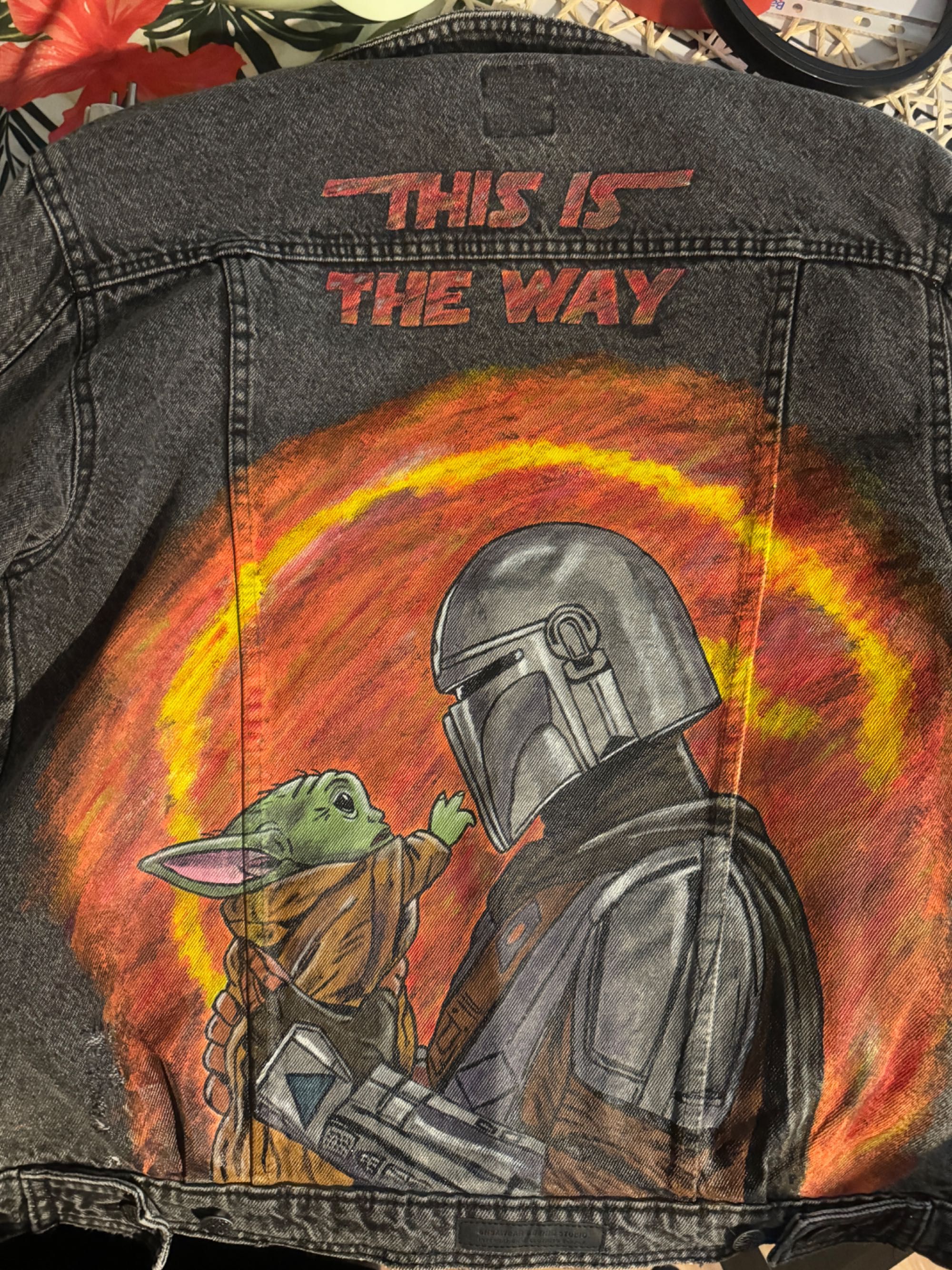 Nowa Katana Custom Jeans Star Wars Mandalorian ręcznie malowana Grogu