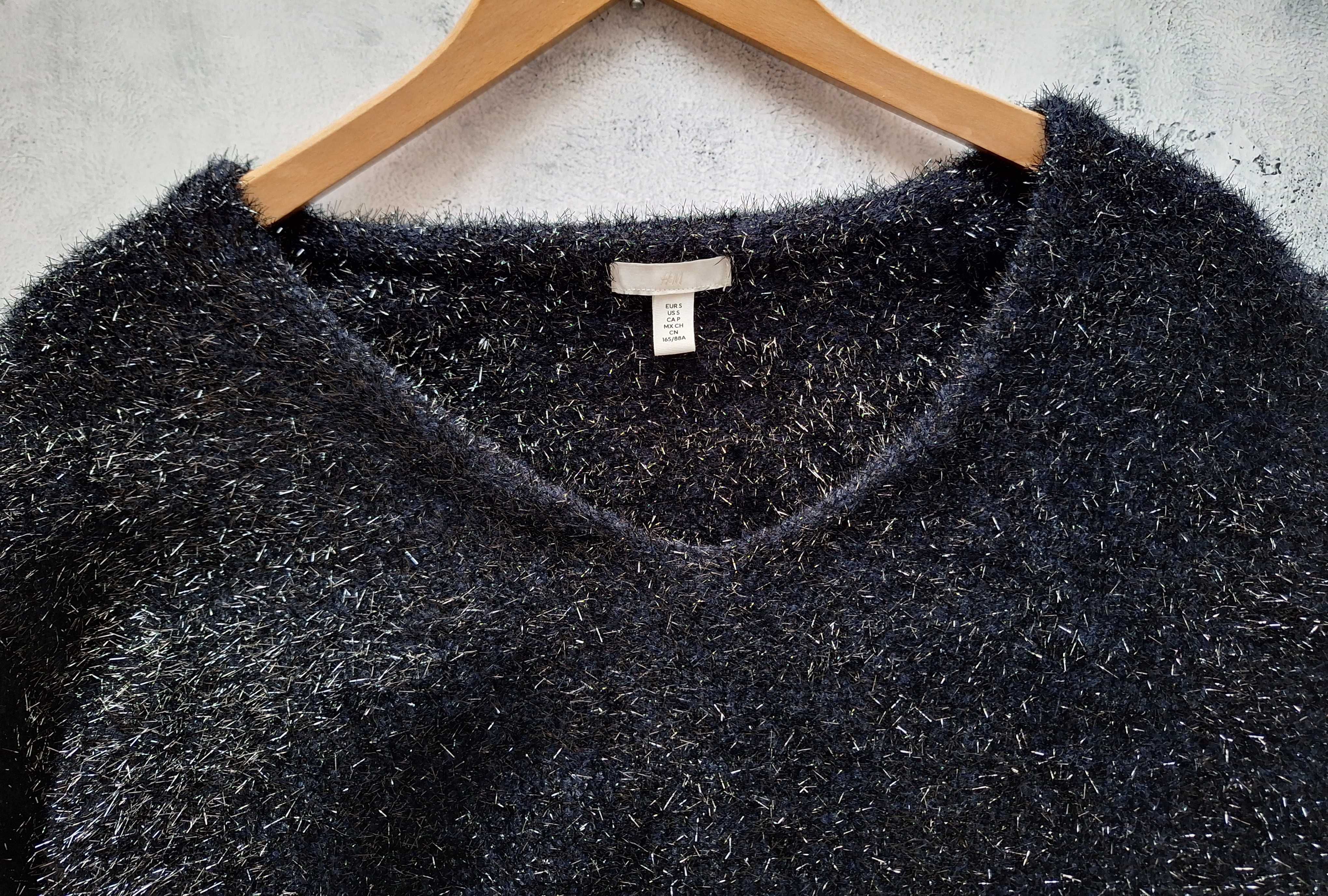 Granatowy Sweter z Nitką Metaliczną H&M Luźny Oversize
