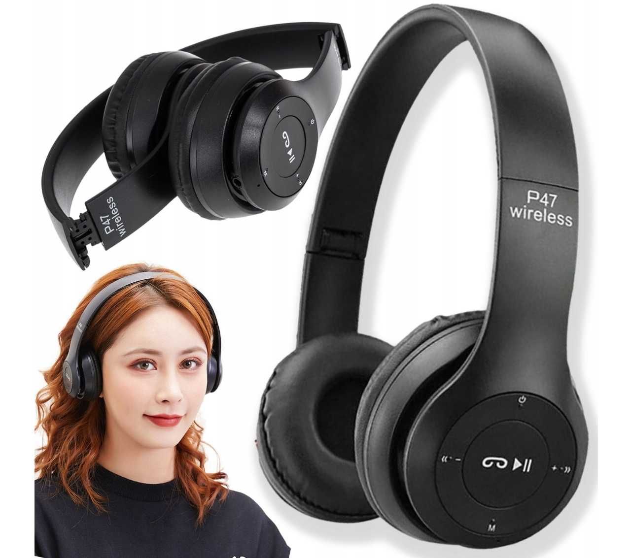 SŁUCHAWKI BEZPRZEWODOWE nauszne bluetooth P47 MP3 czarne