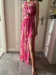 Roco Fashion Justin szyfonowa sukienka maxi w kwiaty rozcięcia XL RÓŻ