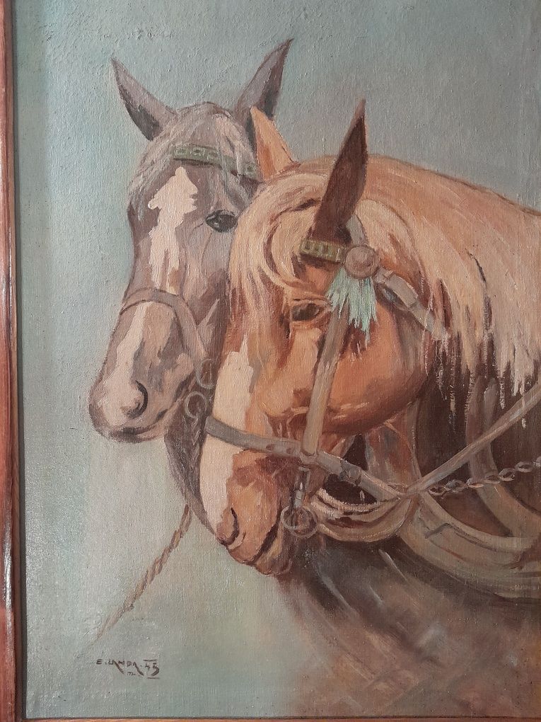 Konie. Obraz olejny koni w zaprzęgu. Malarz Eduard Landa z Żamberku.