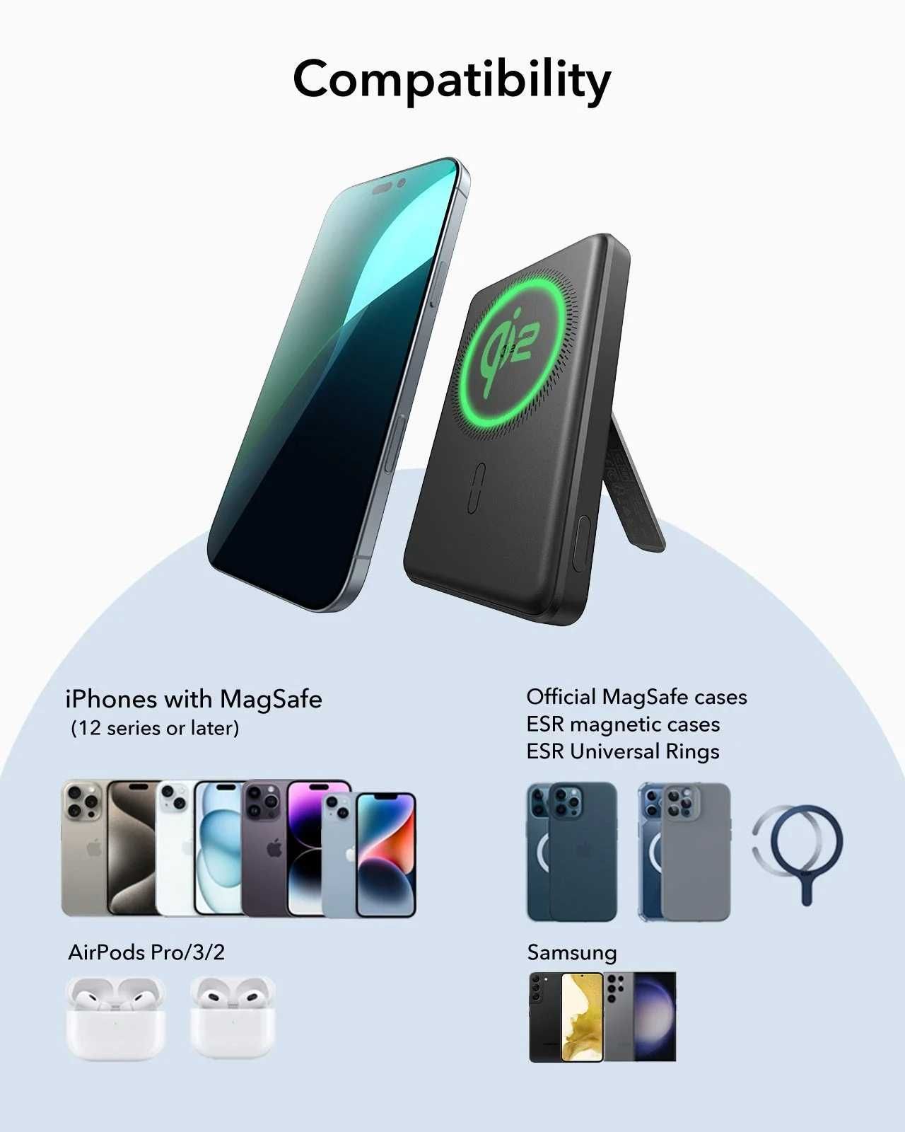 Магнитная батарея с подставкой ESR Qi2 15W MagSlim Power Bank 5000mAh