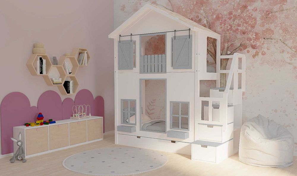 Łóżko piętrowe dla dzieci domek ze schodami