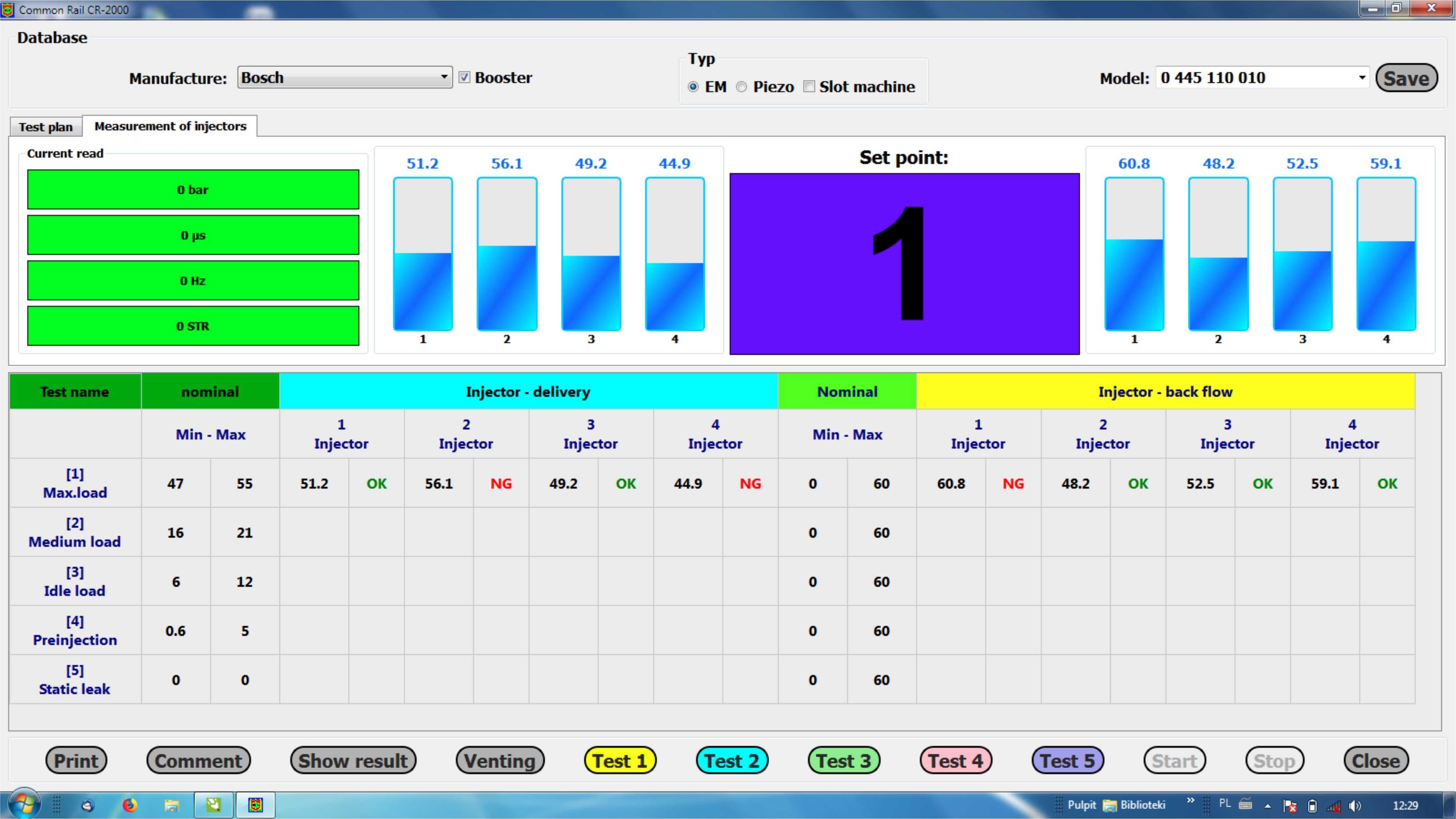 Test plany wtryskiwaczy common reil