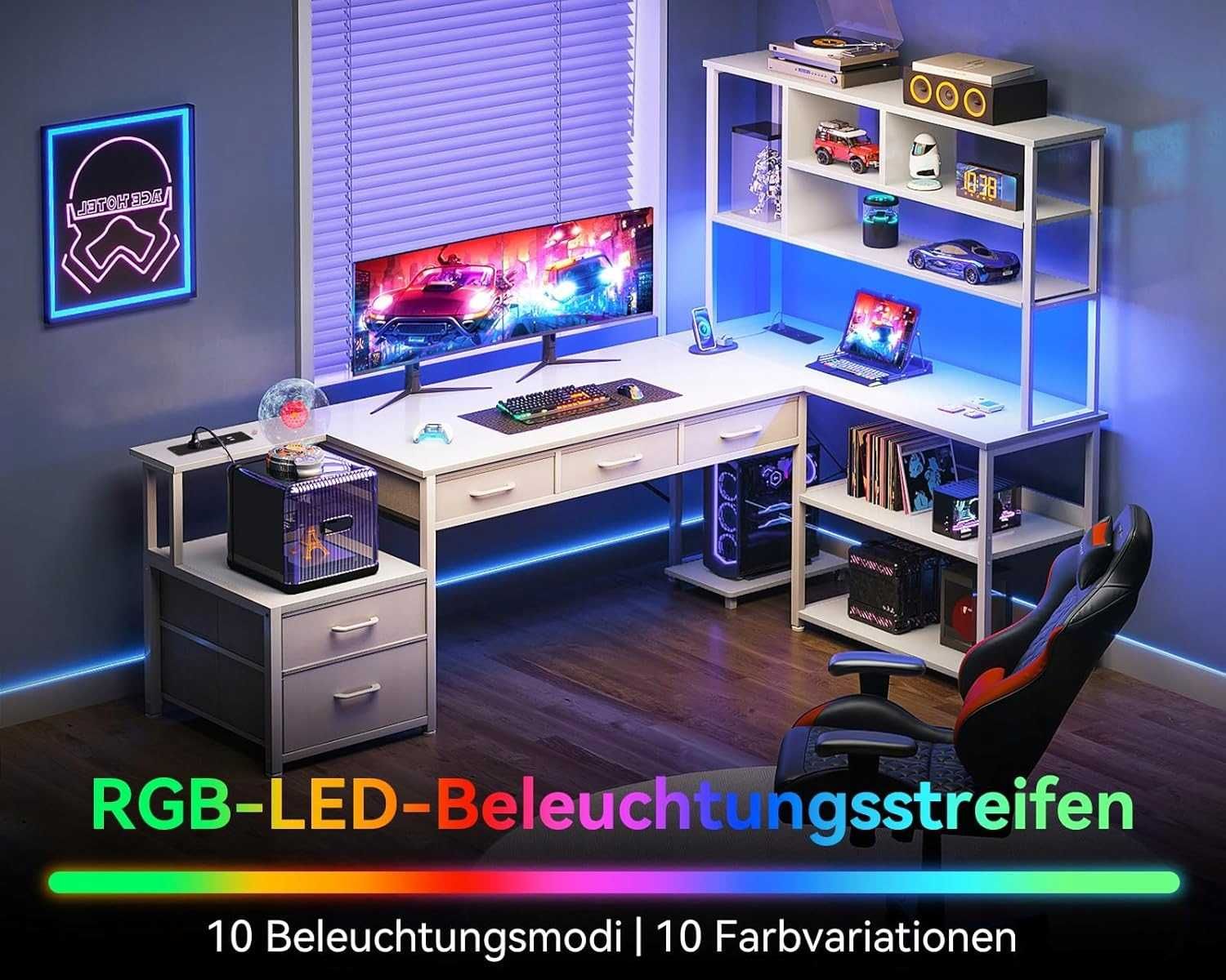 Biurko Narożne Gamingowe LED z szufladami Coleshome 210 x 110 cm