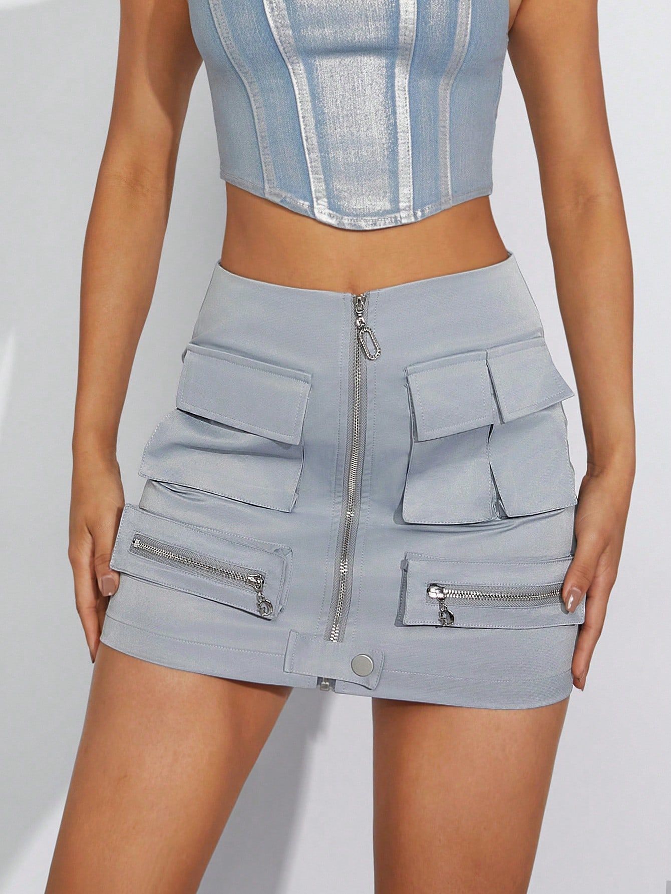 Spódniczka Mini Bojówka Sexy Obcisła Na Zamek Szara Casual Shein Xs 34