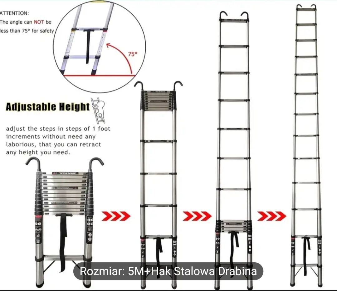 Drabina teleskopowa 5m z Hakami